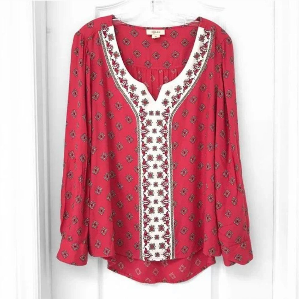 Style & Co Red Boho Floral Border Print Blouse Women's L NWT